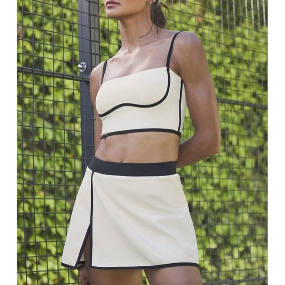 Alo Airbrush Streamlined Bra Tank Ivory Black Padded Sports Bralette Crop Top XS